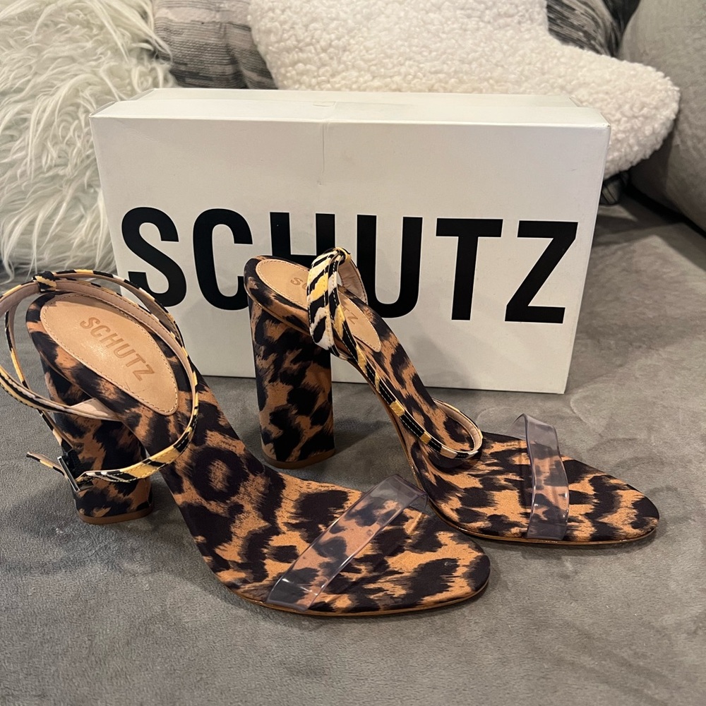 SCHUTZ clear strap Leopard Cheetah Print Heels NEW W/box